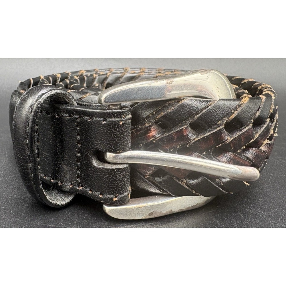 Brighton Women's Brown Black Leather Woven Belt Size 40 Adjust Silver Buckle